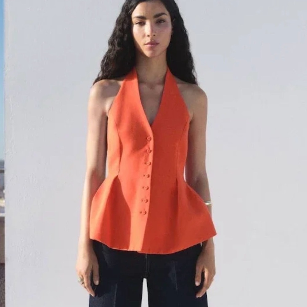 Mango Orange Halter Peplum Button Vest